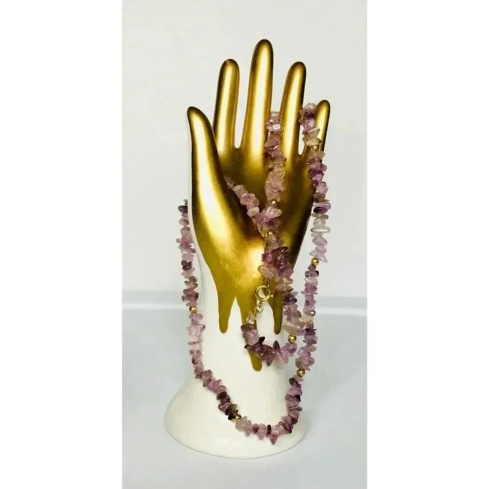 Vintage Purple Amethyst Stone Gold Filled‎ Beaded Long Necklace Fashion Jewelry